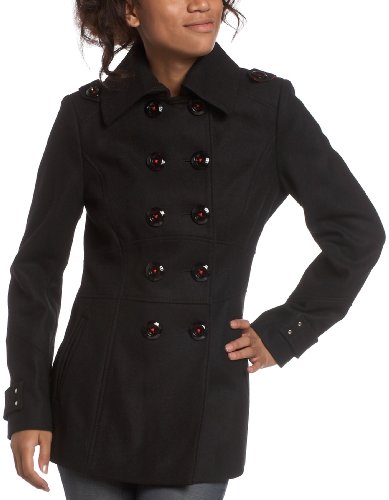 Miss Sixty Women's Wool Double Breasted Peacoat Sculpted Waist Contrast Button Thread, Black, X-Small