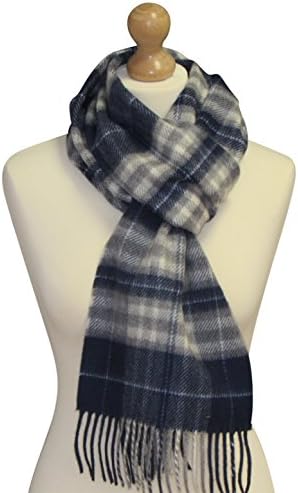 Irish Merino Cashmere Wool Scarf by John Hanly Ireland. 78" x 10" Long Scarf for Men and Women (Navy, cream and pale grey plaid)