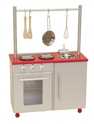 roba 97250 - Küchenzeile, Medium Density Fibreboard silber/rot lackiert, mit Backofen, Herd, Spüle, Relingstange, 4-teiliges Kochzubehör 53 x 67 x 32 cm