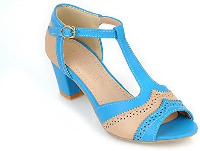 QueenFam Womens Open Peep Toe Kittten Heel Chunky Heels PU Soft Material Assorted Colors Sandals with Buckle, Blue, 36