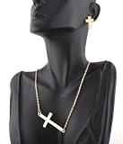 Ladies Gold Metal Sideways Cross Necklace with Matching Earrings Jewelry Set