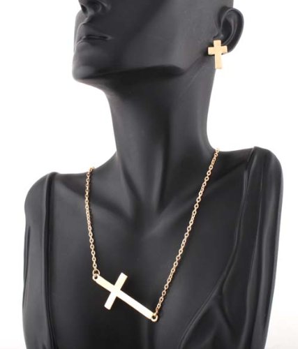 Ladies Gold Metal Sideways Cross Necklace with Matching Earrings Jewelry Set