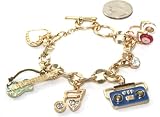 Rock N Roll Themed Charm Toggle Bracelet with Guitar, Headphones, Boombox & more Gold Tone Comes Gift Boxed