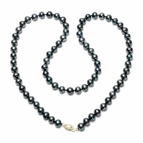 14k Yellow Gold Dyed Peacock Black Freshwater Cultured Pearl AA Grade 6.5-7mm Necklace, 20"