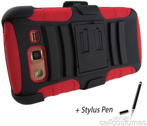 Black & Red Heavy Duty Rugged Armor Hybrid Case Cover w/ Belt Clip Holster for Samsung Galaxy Grand 2 G7102/G7105 + Stylus Pen [In CellCostumes Retail Packaging]