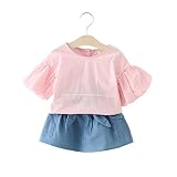 SiSaro ベビーシャツ キッズ パフスリーブTシャツ+ デニムスカート2点セット 女の子 ガールズ 可愛い 通学 カジュアル おしゃれ こども服 発表会 入園式 入学式 卒園式 卒業式 七五三 パ