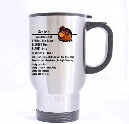 Fashion Constellation Series " ARIES SYMBOL ELEMENT PLANET " Stainless Steel Travel Coffee/Tea Mugs Sliver 14 Ounce - Best Gifts For Christmas,New Years,Birthday,Festival And Yourself