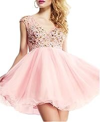 V-neck Cocktail Short Satin/Tulle  Beaded Evening Dress/Homecoming Dress/Prom Dress/Wedding Party Dress  With Rhinestones