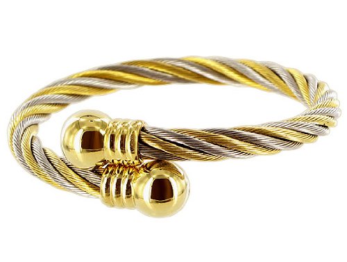 Silver and Gold Two tone Twisted Wire Polish Finish Stainless Steel Magnetic Cuff Bracelet