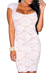 Sexy Polyester/Spandex Summer Short Sleeves Lace Sheer Illusion Fitted Keyhole Square Neck  Dress