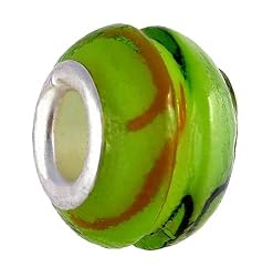 Pandora Style Charm Bead (Z314) made of Glass (14mm x 10mm) (fits Troll too) ~ Lime Green with Orange and Black Stripe