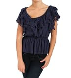 Cecico Scrunched Scoopneck Embroidered Blouse with Smocked Waist in Navy