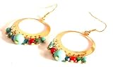 Image of Ladies fashion earrings gold coloured metal hoop design with blue and red beads - GW11 for pierced ears