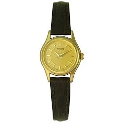 SEIKO Women's Gold-tone Dress Watch with Dark Brown Leather Strap. Model: SXGK62