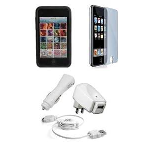 Apple iPod Touch 3G Accessories. Premium Accessory Kit for iPod Touch 3rd Generation: Black Silicone Skin Case Cover Protection + USB Car Auto DC Charger + USB Travel Home AC Charger + USB Retractable Cable + Full body Screen Protector