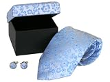Floral Silver Grey & Light Blue 100% Silk Necktie & Cufflinks