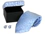 Floral Silver Grey & Light Blue 100% Silk Necktie & Cufflinks