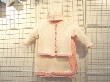 Cpk601bppbk, Knitted Baby Pink Cotton with Pink Chenille Trim Girls Cardign Sweater,hat Set with Matching Blanket