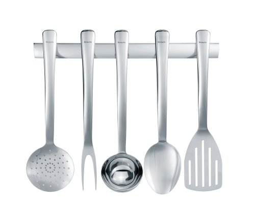 Brabantia S-line Kitchen Utensil Set and Matching Wall Rail, Brilliant Steel