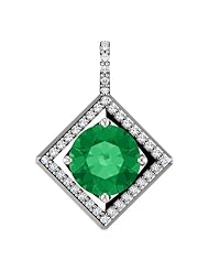 18K White Gold 8.00mm Round Cut Chatham Created Emerald and Diamond Pendant