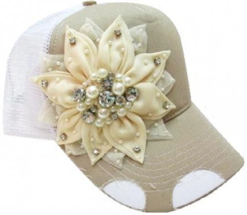 Ladies Olive & Pique Beaded Flower Trucker Cap