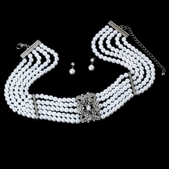 Pearl Necklace and Earrings w/ Rhinestone Accent Bridal Jewelry Set