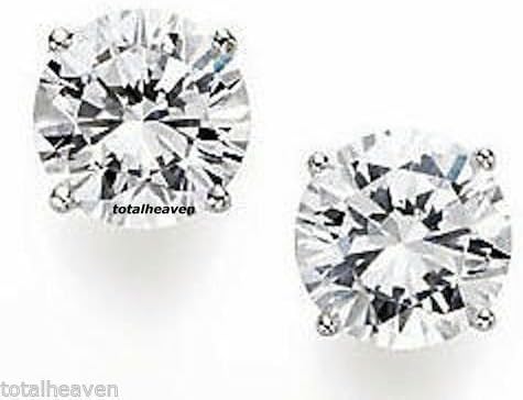 14k White Gold 7mm (0.27") CZ Stud Earrings Round Brilliant Cut 2.50 Carat Total Weight AAA D-Flawless