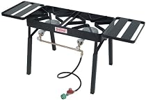 Bayou Classic DB350 Double Burner Outdoor Patio Stove with slide-on Extension Legs and two Side Shelves