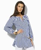 Lauren by Ralph Lauren Kris Striped Crisp Split-Neck Tunic with Metallic Belt