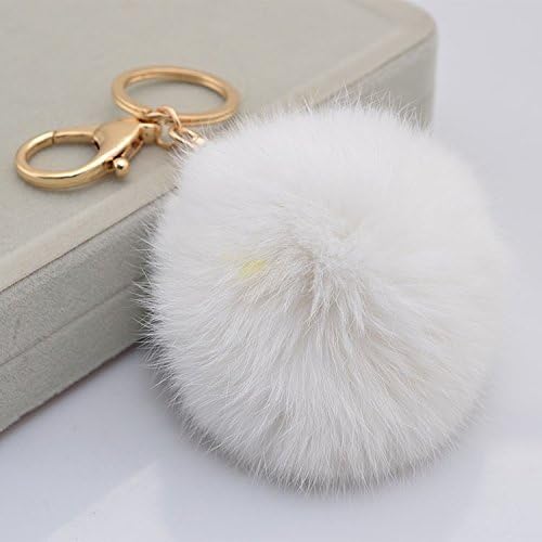 Yanseller 18 K Gold Plated Keychain with Plush Cute Genuine Rabbit Fur Key Chain for Car Key Ring or Bags (white)