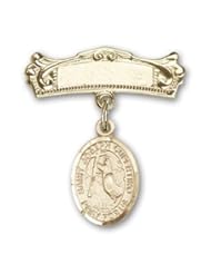 14K Gold Baby Badge with St. Joseph of Cupertino Charm and Arched Polished Badge Pin