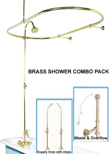 Buy De luxe Combo Package – Shower System for Clawfoot Tub w/ Oval enclosure, Supply lines & Drain – BRASS