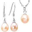 Pearl Essence 7-8mm AAAA Drop Pendant Necklace & Earrings Set in Platinum Overlay CAREFREE Sterling Silver, Peach