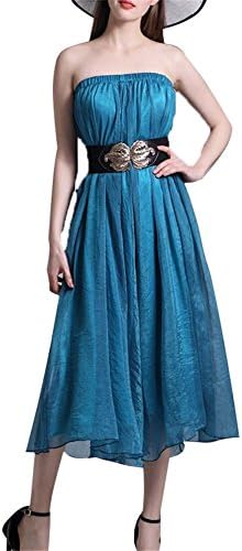Nowhy Women Silk Chiffon Long Skirt Stretchy Waist Summer Beach Skirt (Large, Blue)