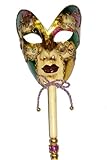 Venetian Full Face Mask with Stick in Metal Gold&Purple