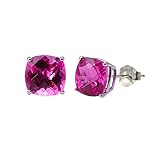 Sterling Silver 6mm Pink Topaz Checkerboard Cushion Earring Studs