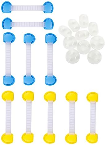 Child Safety Locks | Safety Baby Proofing Cabinets, Drawers, Toilets Seat, Fridge Oven, Dishwahser - Baby Safety Latches Keep Your Children Safe,10 Pack(5 Yellow,5 Blue) Special Gift- 10 Outlet Plugs