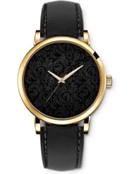 SPRAWL Aanalog Fashion Series Gold Ladies Watches of Genuine Black Leather Strap,Unique Wrist Watch for Women Girls Designed with Palace Flowers pattern