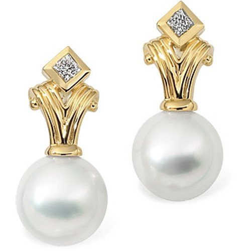18K Yellow Gold Paspaley South Sea Cultured Fine Round Pearl and Diamond Earrings