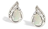 14K White Gold Genuine Pear Opal and Diamond Filligree Earrings