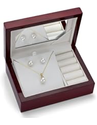 14k Yellow Gold 10-11mm White Perfect Round High Lustre Freshwater Cultured Pendant Box Chain Necklace 18" Length with Matching Stud Earring. Included Free Mahagony Wood Jewelry Box with Mirror.