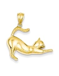 14K Yellow Gold Stretching Cat Charm Pendant
