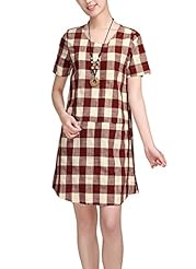 Cotton Summer Slit Short Sleeves Plaid Print  Dress