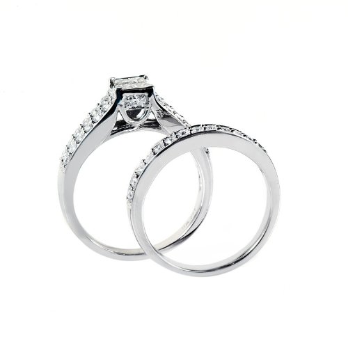 41XOBOYJlBL 14k White Gold Wedding Bridal Engagement Bridal Band Set Princess Round White Diamond Ring (3/4 ctw, G Color , SI2 I1 Clarity)
