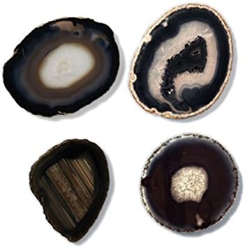 Set of 4 Glam Coasters, Natural Brazilian Black/Brown Agate Slices, Polished with Raw Edge