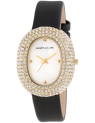 Kenneth Jay Lane Womens KJLANE-2403S-01  Mother-Of-Pearl Dial Crystal Accented Black Silk and Leather Watch