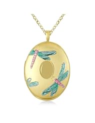 Oval Shaped Locket Style Pendant Necklace With Dragonfly Design For Women 14K Yellow Gold Vermeil