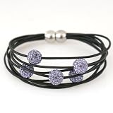 Ladies magnetic clasp bracelet - Multi-strands of leather with 5 high quality violet crystal balls