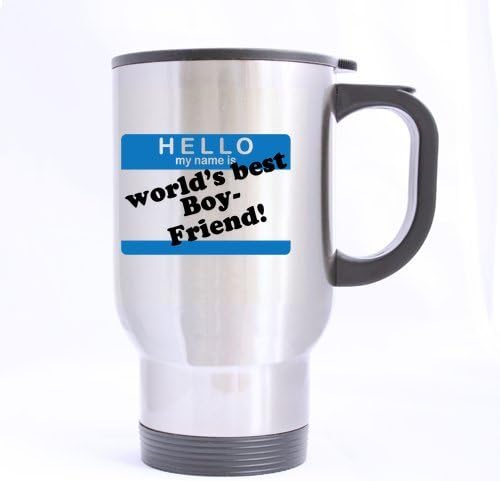 14oz Romantic Valentine's Day Gift - Blue Pattern Hello My Name Is World's Best Boyfriend Best Choice (Sliver) Mug Stainless Steel Travel Mugs