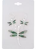 Fashion Jewelry ~ Silvertone Dragonfly Green Abalone Pendant and Earring Set